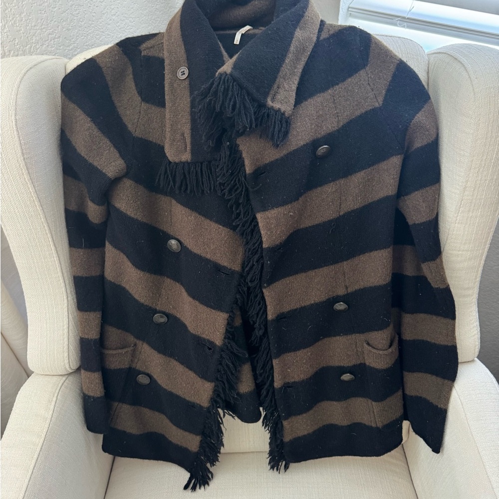 Free People Striped Fringe Wool Blend Peacoat Jacket - Black & Brown